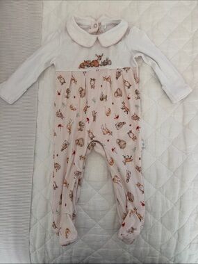 Little Wren Soft Pink Woodland Print Baby One-Piece with Collar